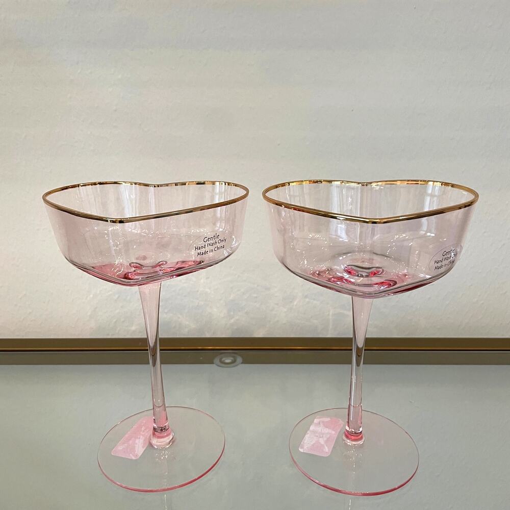 Pink Heart Shaped Martini Glass Set of 2 Gold Rim Valentines Day NEW
